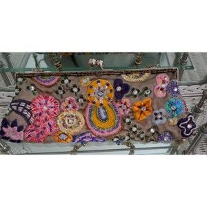 Elegant Satin Evening Bag Taupe Bright Flower Beaded and  Beaded Handle